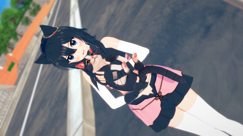 1girl 3d animal animal_ears bare_shoulders black_fur black_gloves black_shorts blue_eyes blue_sky blurry blurry_background blush cat cat_ears cat_girl day earrings feet_out_of_frame fingerless_gloves fran_(tensei_shitara_ken_deshita) gloves gold_earrings hair_between_eyes highres holding holding_animal holding_cat jewelry kirbro light_blush looking_at_viewer looking_away medium_hair midriff open_mouth outdoors road shiny shiny_hair shorts sky solo standing tensei_shitara_ken_deshita thigh-highs thighs tongue tree two-tone_fur white_fur white_legwear yellow_eyes