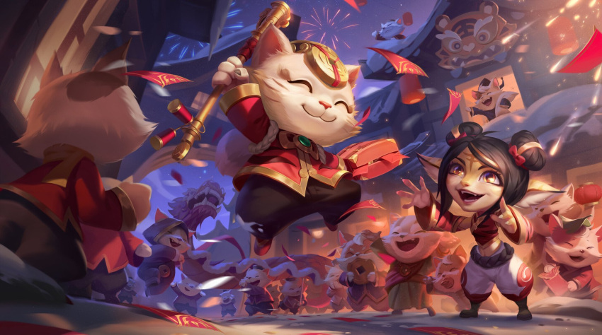 animal_costume animal_ears bag belt black_hair case cat_ears china_dress chinese_clothes chinese_new_year closed_eyes coin crop_top dragon_costume dress festival firecracker_teemo firecracker_tristana fireworks hat highres hongbao lantern league_of_legends lionsong night night_sky official_art open_mouth outdoors pants shoes sky smile teemo town tristana tusks weapon white_fur yellow_eyes yordle
