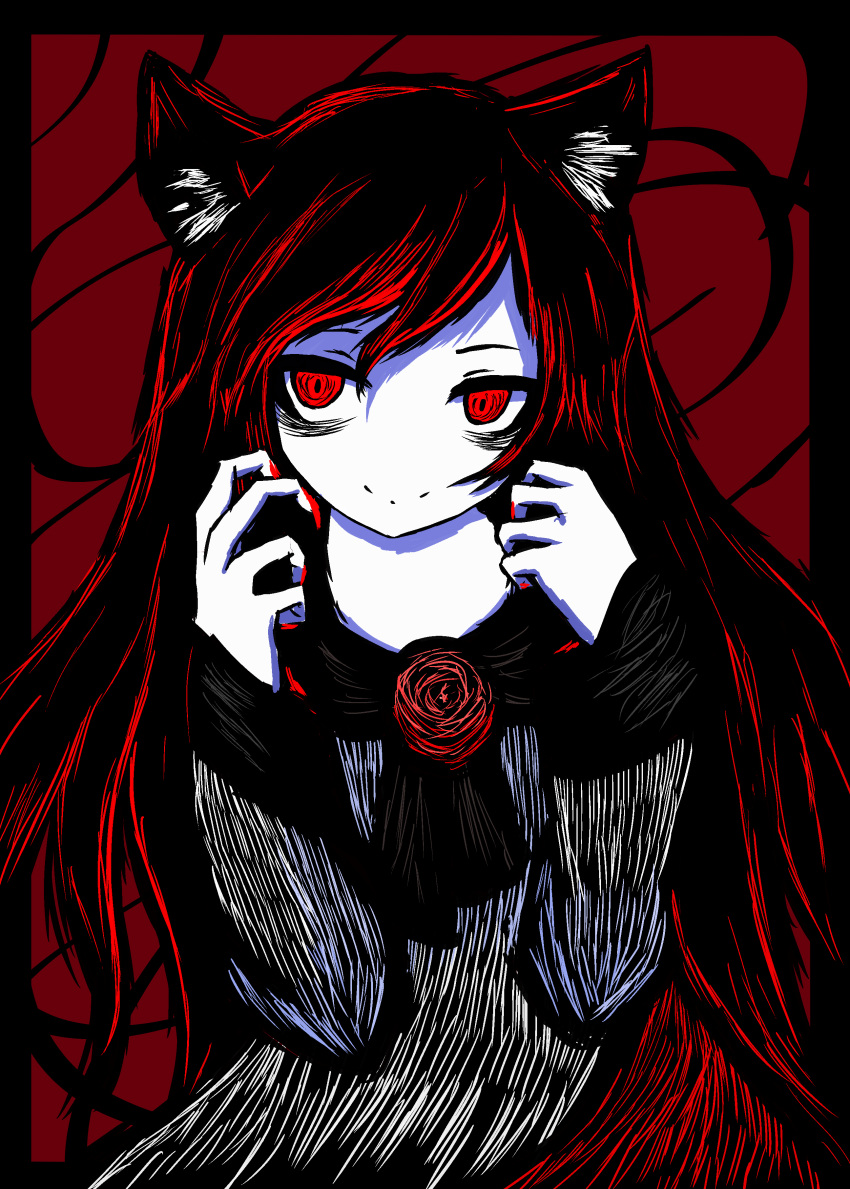 1girl absurdres animal_ears bags_under_eyes black_hair brooch dress highres imaizumi_kagerou jewelry long_hair long_sleeves looking_at_viewer monster_girl multicolored_hair one-hour_drawing_challenge red_background red_eyes redhead sinamongado smile solo touhou white_dress wolf_ears