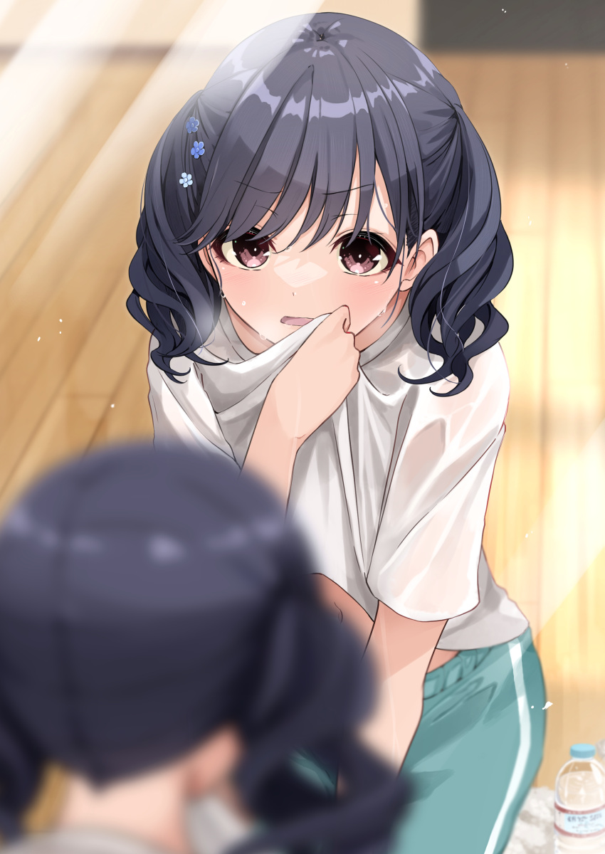 1girl blurry blush buruma dark_blue_hair depth_of_field door from_behind fukumaru_koito fuu_(fuore) gym_uniform hairclip highres idolmaster idolmaster_shiny_colors indoors light looking_at_mirror looking_at_viewer midriff_peek mirror mirror_image nape navel reflection shirt short_hair solo solo_focus sportswear steam sweat sweatdrop towel twintails water_bottle wavy_hair wet wet_clothes wet_shirt wiping_face wiping_sweat wooden_floor