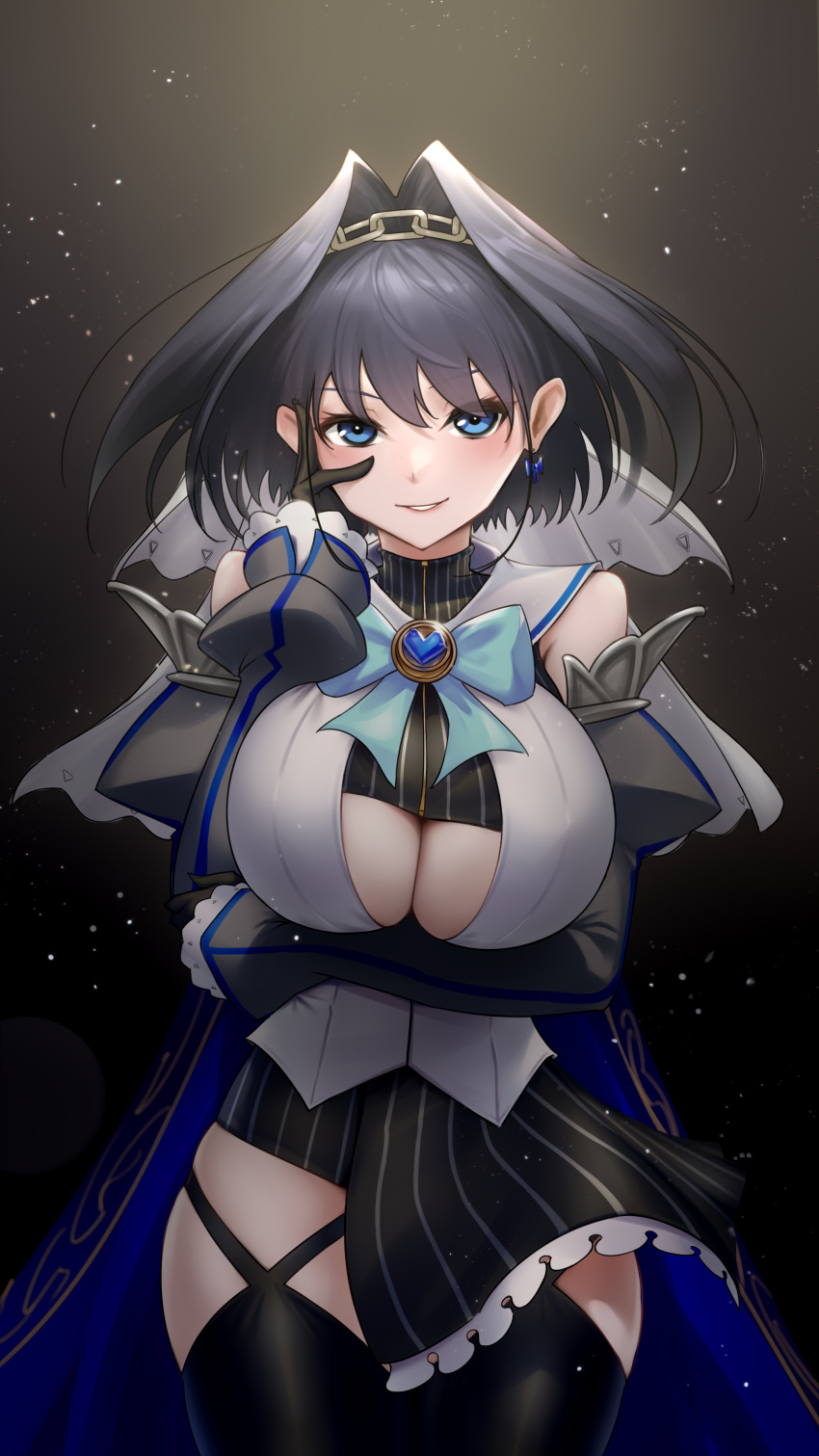 1girl absurdres arm_under_breasts bangs black_gloves black_hair black_legwear blue_bow blue_cape blue_eyes bow bow_earrings breasts cape cowboy_shot crop_top detached_sleeves earrings floating_hair gloves hair_intakes hand_on_own_face head_chain highres hololive hololive_english jewelry large_breasts light_particles miniskirt ouro_kronii parted_lips short_hair skindentation skirt solo somebody_(leiking00) thigh-highs virtual_youtuber white_veil