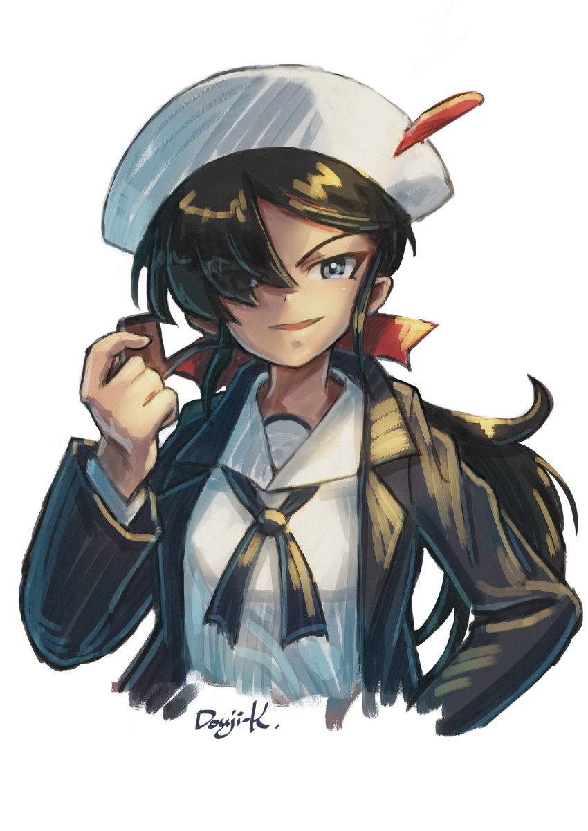 1girl artist_name bangs black_coat black_eyes black_hair black_neckerchief blouse bow coat commentary cropped_torso dark_skin dixie_cup_hat girls_und_panzer hair_bow hair_over_one_eye hand_on_hip hat hat_feather highres holding kuroneko_douji long_coat long_hair long_sleeves looking_at_viewer military_hat neckerchief ogin_(girls_und_panzer) ooarai_naval_school_uniform open_clothes open_coat open_mouth pipe pirate ponytail red_bow sailor sailor_collar school_uniform signature simple_background smile solo upper_body white_background white_blouse white_headwear
