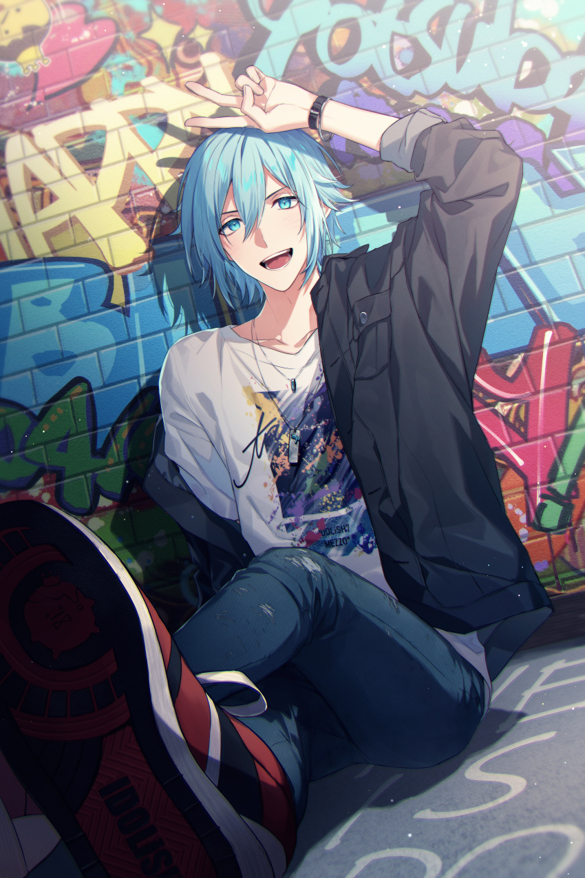 1boy absurdres aiue_o_eiua arm_up black_shirt blue_eyes blue_hair brick_wall chromatic_aberration commentary_request denim foreshortening graffiti highres idolish_7 jeans jewelry long_sleeves looking_at_viewer male_focus necklace open_clothes open_mouth open_shirt outdoors pants red_footwear shirt shoes short_hair smile sneakers solo t-shirt tag teeth tongue v watch watch white_shirt yotsuba_tamaki