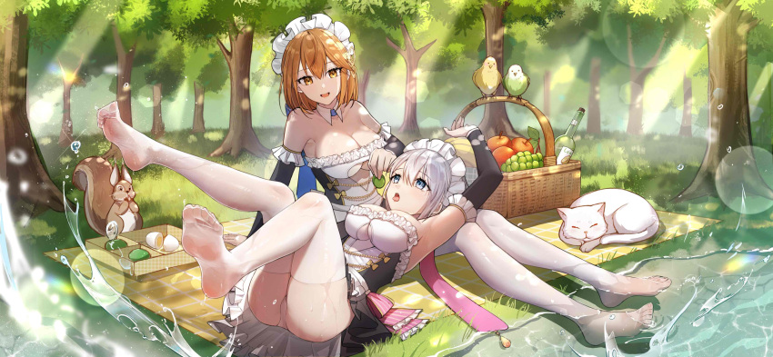 2girls absurdres apron armpits arms_up bare_shoulders blanket blonde_hair braid character_request copyright_request dress feet food frilled_apron frills grass highres maid maid_apron maid_headdress multiple_girls no_shoes open_mouth outdoors panties picnic picnic_basket puffy_sleeves silver_hair sitting soles tree underwear waist_apron wet wet_clothes wet_dress white_apron white_legwear white_panties yellow_eyes yolanda