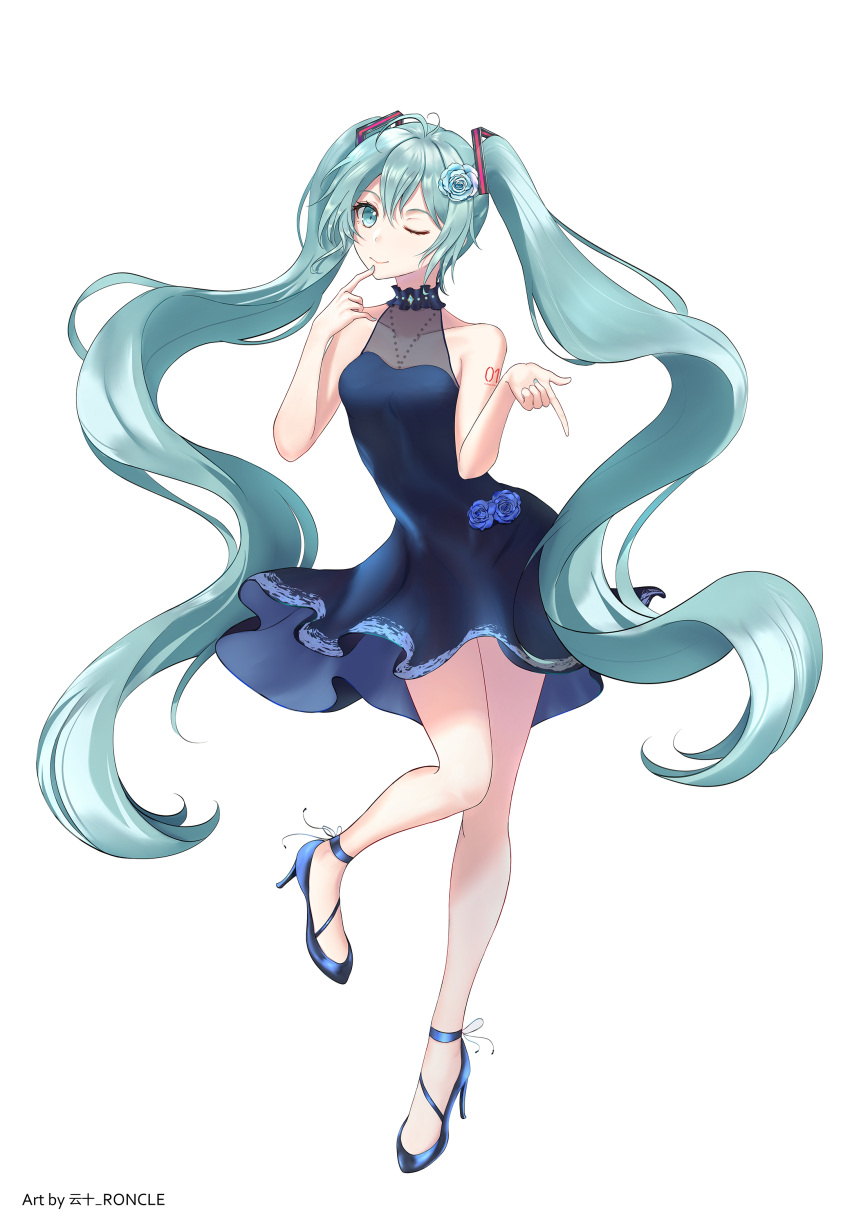 1girl ;) absurdres ahoge ankle_ribbon aqua_eyes arm_tattoo artist_name bare_arms bare_legs blue_dress blue_flower blue_footwear blue_hair blue_rose closed_mouth collarbone dress finger_to_mouth floating_hair flower hair_flower hair_ornament hatsune_miku high_heels highres index_finger_raised long_hair one_eye_closed ribbon roncle_(roncle1) rose shiny shiny_hair short_dress simple_background sleeveless sleeveless_dress smile solo standing standing_on_one_leg tattoo twintails very_long_hair vocaloid white_background