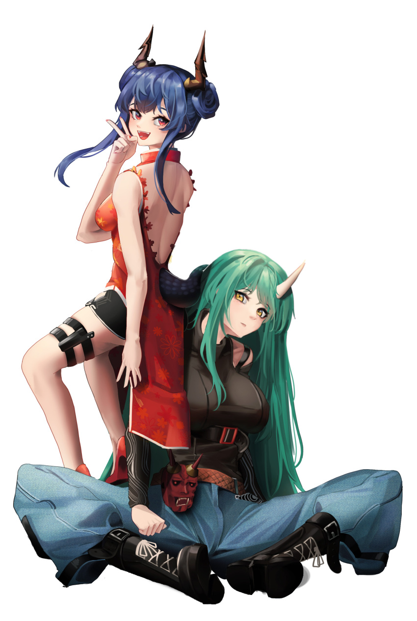 2girls :d absurdres arknights backless_dress backless_outfit bangs bare_arms bare_back bare_shoulders belt black_shirt black_shorts blue_hair blue_pants breasts brown_belt ch'en_(ageless_afterglow)_(arknights) ch'en_(arknights) china_dress chinese_clothes commentary double_bun dragon_horns dress green_hair hand_up high_heels highres horns hoshiguma_(arknights) hoshiguma_(patrolling_ronin)_(arknights) indian_style large_breasts long_hair looking_at_viewer multiple_girls nail_polish official_alternate_costume open_mouth pants red_dress red_eyes red_footwear red_nails shirt short_shorts shorts sidelocks simple_background single_horn sitting sleeveless sleeveless_dress smile thigh_strap thighs uth_95 v very_long_hair white_background yellow_eyes