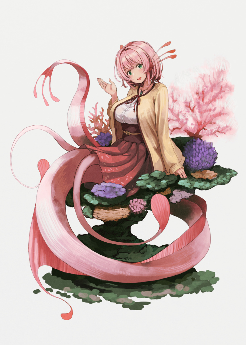 159cm 1girl breasts coral green_eyes grey_background hand_up head_fins highres jewelry large_breasts looking_at_viewer mermaid monster_girl necklace open_mouth original pink_hair pleated_skirt ribbon shirt short_hair sitting skirt solo sweater
