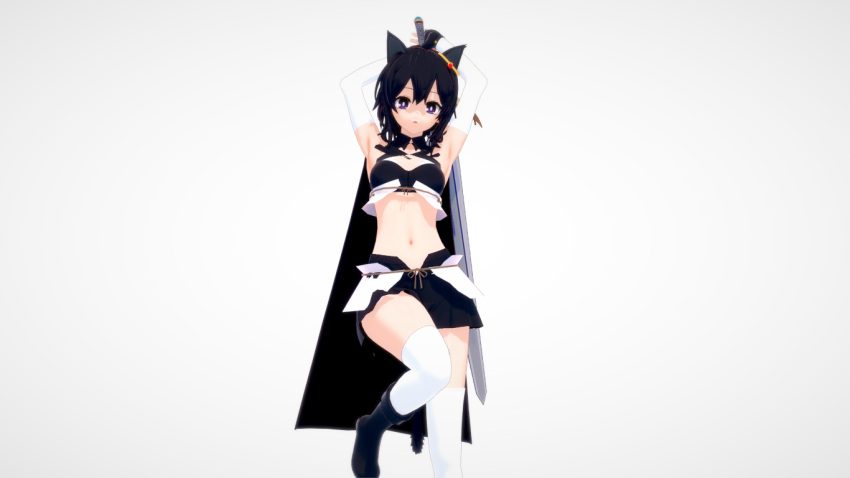 1girl 1other 3d alternate_eye_color animal_ears ankle_boots armpits arms_up bare_shoulders black_cloak black_footwear black_gloves black_hair black_shorts black_tail boots breasts bright_pupils cat_girl cat_tail cloak earrings feet_out_of_frame fingerless_gloves fran_(tensei_shitara_ken_deshita) gloves gold_earrings hair_between_eyes holding holding_sword holding_weapon jewelry korean_commentary looking_at_viewer medium_breasts medium_hair midriff navel o0o_(pixiv_58838089) riding_boots shishou_(tensei_shitara_ken_deshita) shorts simple_background stomach sword tail tensei_shitara_ken_deshita thigh-highs thighs violet_eyes weapon white_background white_legwear white_pupils
