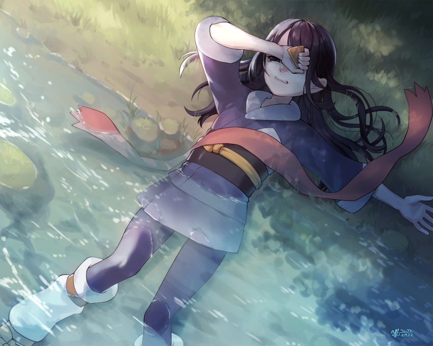 1girl akari_(pokemon) black_hair closed_eyes commentary_request day from_above grass grey_jacket grey_skirt highres holding jacket long_hair loose_socks lying on_back outdoors outstretched_arm pantyhose parted_lips pokemon pokemon_(game) pokemon_legends:_arceus red_scarf sad scarf scarf_removed shoes skirt solo tearing_up water white_legwear yukichi_(tsuknak1)
