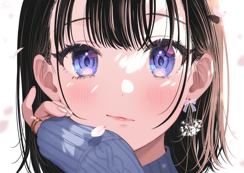 1girl :/ bangs black_hair blue_eyes blue_sweater blush closed_mouth commentary_request earrings eyelashes hair_between_eyes jewelry long_hair long_sleeves looking_at_viewer nail_polish original petals portrait ring simple_background solo sweater tsukana_(saba_mizore) white_background