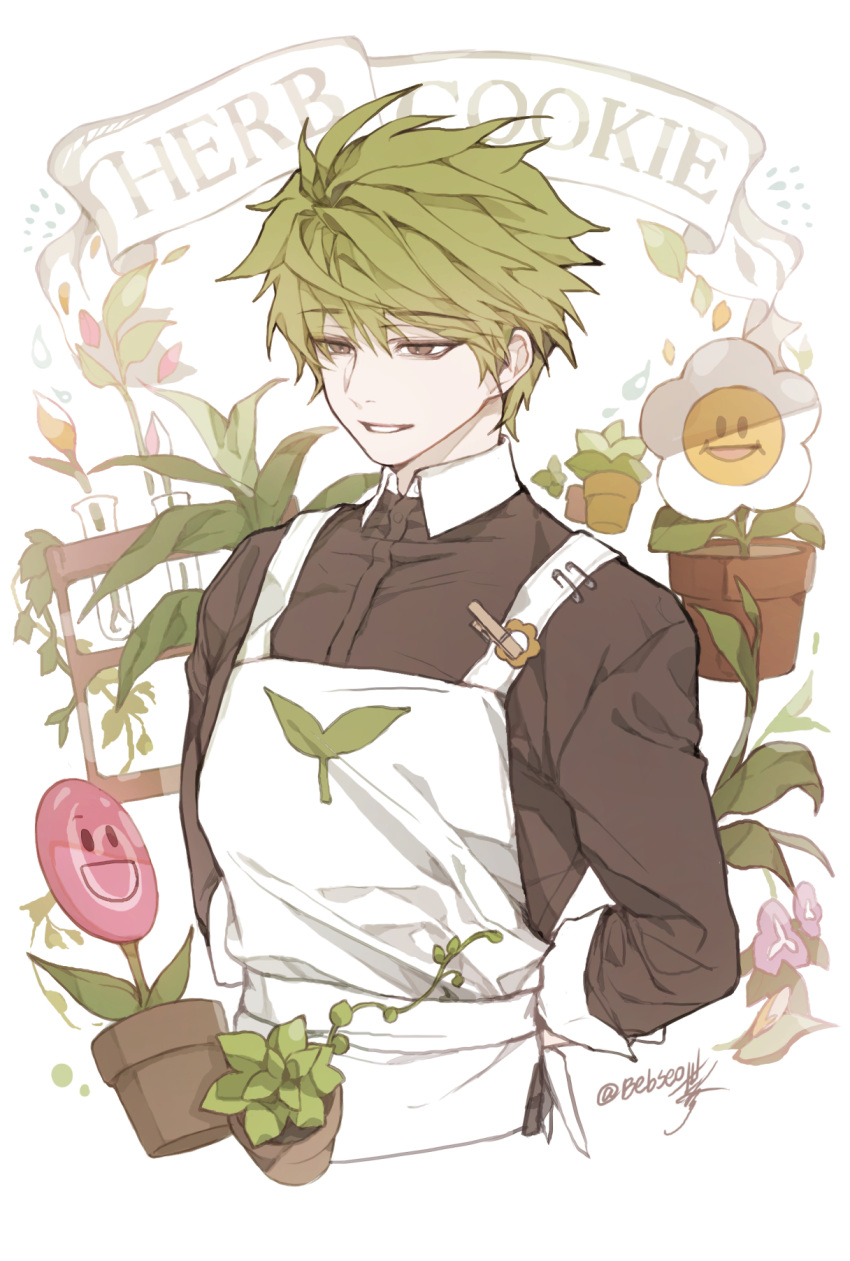 1boy apron bebseo brown_eyes candy character_name cookie_run en flower flower_pot food green_hair herb_cookie highres leaf lollipop personification petals plant planting potted_plant short_hair smile solo