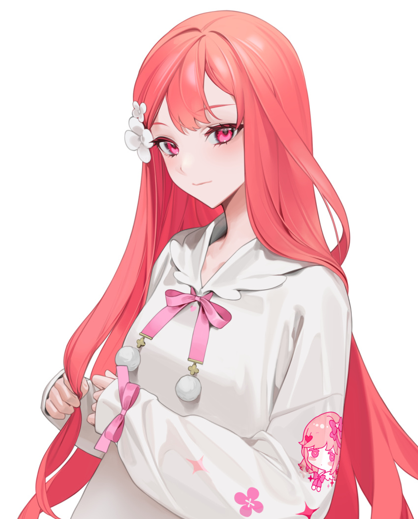 1girl bad_id bad_pixiv_id blush bow commentary_request cross eyebrows_visible_through_hair flower hair_bow hair_flower hair_ornament hatane_rona heart highres holding holding_hair kirara_akaru long_hair long_sleeves looking_at_viewer ohisashiburi original pink_eyes pom_pom_(clothes) promotional_art redhead ribbon ribbon-trimmed_sleeves ribbon_trim simple_background smile solo star_(symbol) sweater white_background