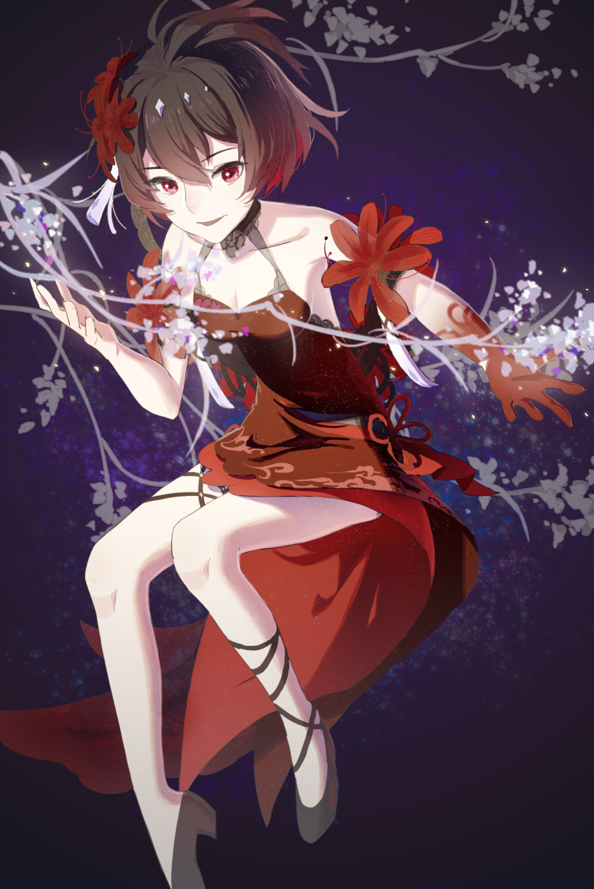 1girl absurdres bangs bare_shoulders blue_background bob_cut china_dress chinese_clothes chinese_new_year dress flower gloves hair_flower hair_ornament highres honkai_(series) honkai_impact_3rd medium_hair off-shoulder_dress off_shoulder rafaelaaa red_dress red_flower red_gloves redhead seele_(alter_ego) seele_vollerei seele_vollerei_(stygian_nymph) solo