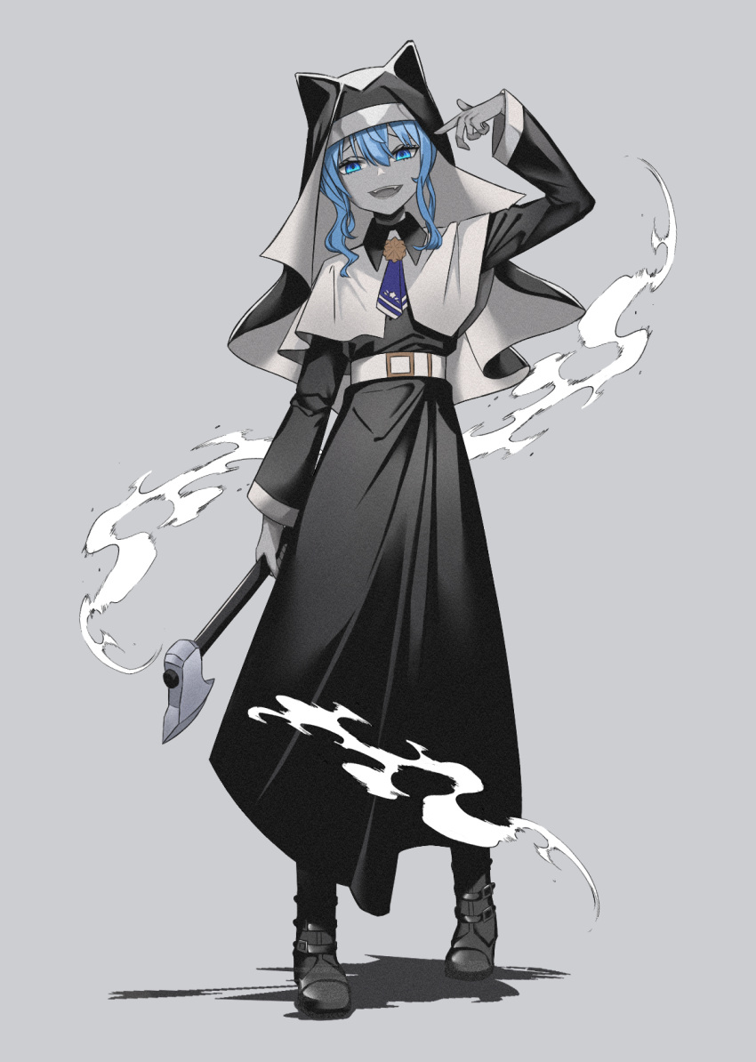 1girl :d alternate_costume arm_at_side arm_up ascot axe bangs belt belt_boots belt_buckle blue_ascot blue_eyes blue_hair boots buckle collared_dress cosplay crossed_bangs darkmalijang dress eyelashes eyeshadow fangs finger_gun finger_gun_to_head full_body god-ish_(vocaloid) grey_background habit half-closed_eyes high_belt highres holding holding_axe holding_weapon hololive hoshimachi_suisei legs_apart long_dress makeup monochrome nun open_mouth ponytail print_ascot shadow side_ponytail sidelocks simple_background smile smoke smug spot_color standing star_(symbol) star_print teeth upper_teeth virtual_youtuber weapon white_belt wide_sleeves