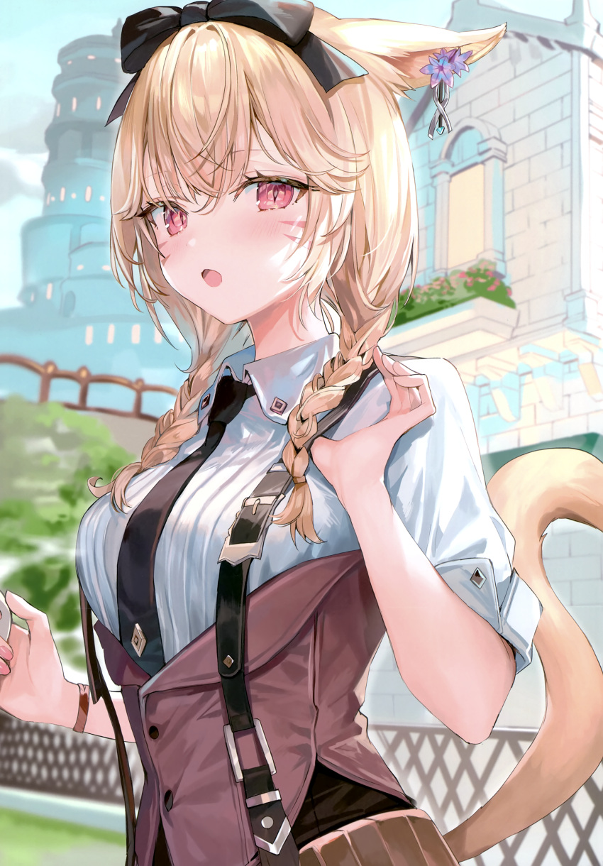1girl absurdres animal_ears bangs blonde_hair blush bow braid breasts cat_ears cat_tail day facial_mark final_fantasy final_fantasy_xiv fingernails hair_bow hair_ornament hand_up highres holding long_hair looking_at_viewer medium_breasts miqo'te momoko_(momopoco) necktie open_mouth outdoors red_eyes scan shiny shiny_hair short_sleeves simple_background solo suspenders tail twin_braids twintails upper_body wristband