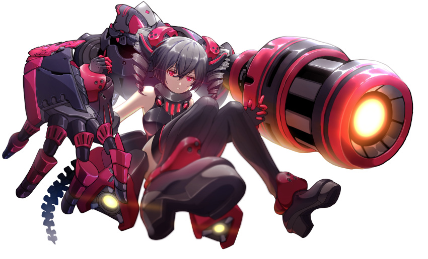 1girl absurdres bangs bare_shoulders black_footwear black_leotard boots bronya_zaychik bronya_zaychik_(black_nucleus) cannon closed_mouth drill_hair full_body glowing glowing_eyes grey_hair hair_ornament highres honkai_(series) honkai_impact_3rd leotard luozi_roko project_bunny red_eyes simple_background thigh-highs thigh_boots twin_drills white_background