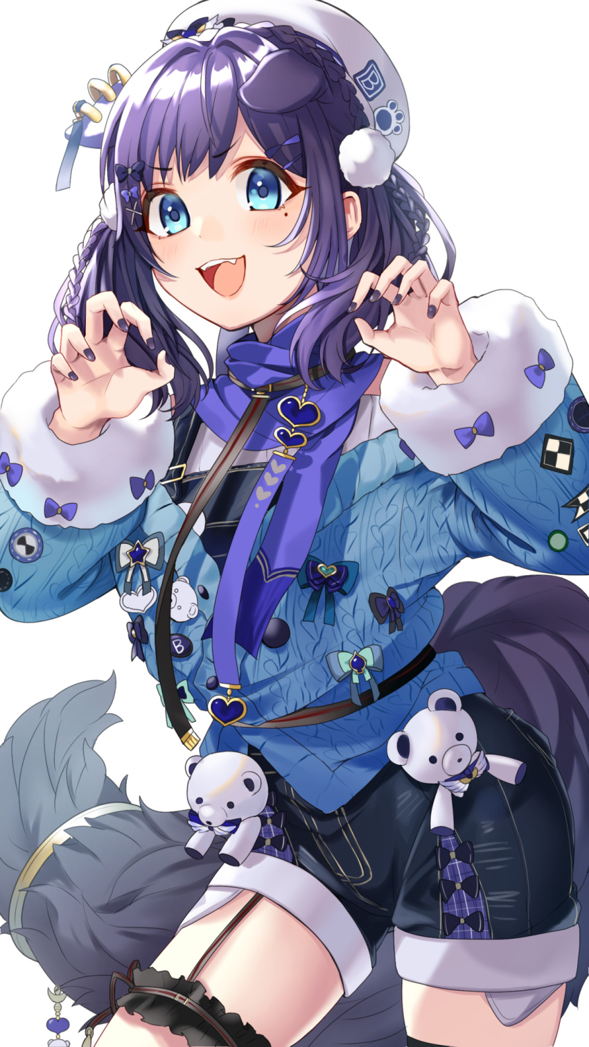 1girl aiba_uiha animal_ears bangs black_hair blue_bow blue_eyes blush bow braid claw_pose dog_ears dog_girl dog_tail eyebrows_visible_through_hair fangs hair_bow hair_ornament highres long_hair long_sleeves looking_at_viewer mole mole_under_eye nail_polish nijisanji no_1pafu open_mouth overalls simple_background smile solo stuffed_animal stuffed_toy tail teddy_bear virtual_youtuber white_background