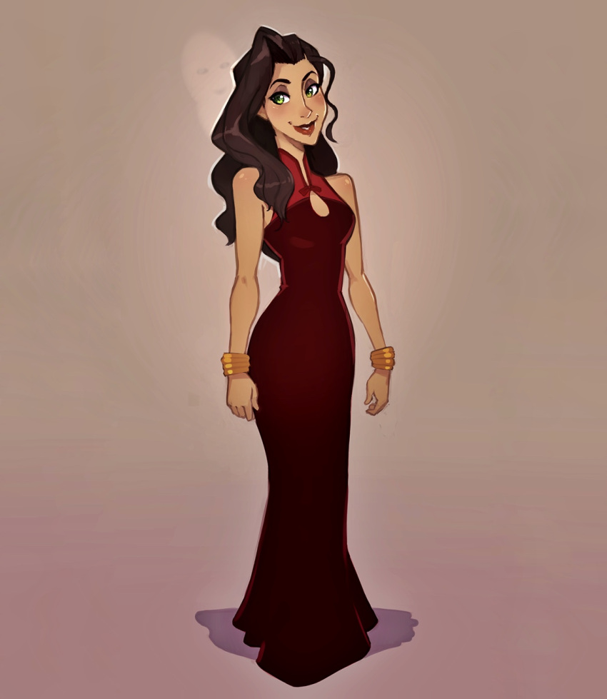 1girl asami_sato avatar:_the_last_airbender bracelet breasts brown_hair china_dress chinese_clothes contrapposto formal full_body green_eyes long_dress long_hair looking_at_viewer owler smile standing the_legend_of_korra
