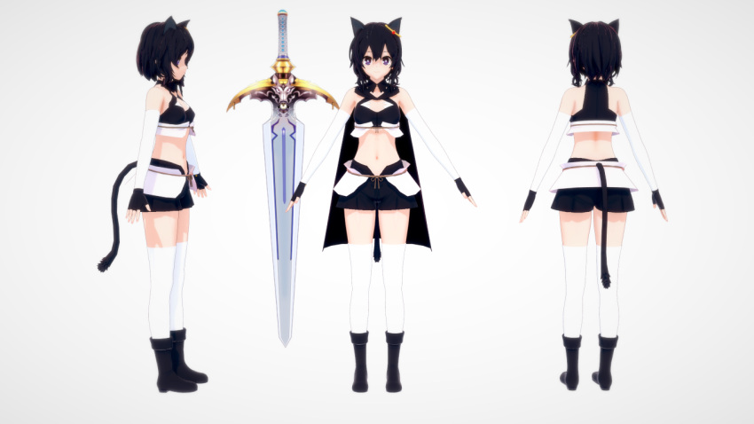 1other 3d alternate_eye_color animal_ears ankle_boots bare_shoulders black_cloak black_footwear black_gloves black_hair black_shorts black_tail boots breasts bright_pupils cat_girl cat_tail cloak clone earrings fingerless_gloves fran_(tensei_shitara_ken_deshita) from_behind from_side full_body gloves gold_earrings hair_between_eyes jewelry korean_commentary light_smile looking_at_viewer looking_away medium_hair midriff multiple_persona navel o0o_(pixiv_58838089) riding_boots shishou_(tensei_shitara_ken_deshita) shorts simple_background small_breasts smile standing stomach sword tail tensei_shitara_ken_deshita thigh-highs thighs violet_eyes weapon white_background white_legwear white_pupils