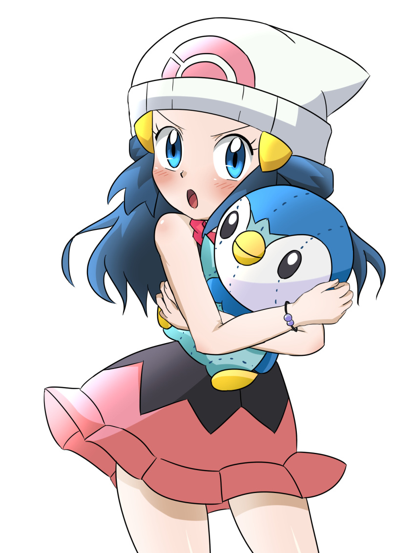 1girl beanie blue_eyes blue_hair blush cocoa_(p_cocoa_f) hair_ornament hairclip hat highres hikari_(pokemon) holding long_hair looking_at_viewer open_mouth piplup pokemon pokemon_(anime) pokemon_(creature) scarf simple_background skirt solo white_background white_headwear