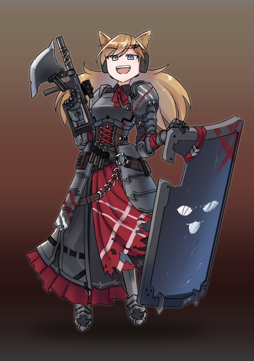 1girl absurdres animal_ears armor armored_dress axe bangs blonde_hair boots borrowed_garments brown_background bushman_idw cat_ears chain cosplay english_commentary full_body girls_frontline gradient gradient_background grey_eyes gun headset highres idw_(girls'_frontline) long_hair open_mouth plate_armor red_neckwear shield shikikan_zoey solo spas-12_(goblin_huntress)_(girls'_frontline) spas-12_(goblin_huntress)_(girls'_frontline)_(cosplay) teeth upper_teeth weapon