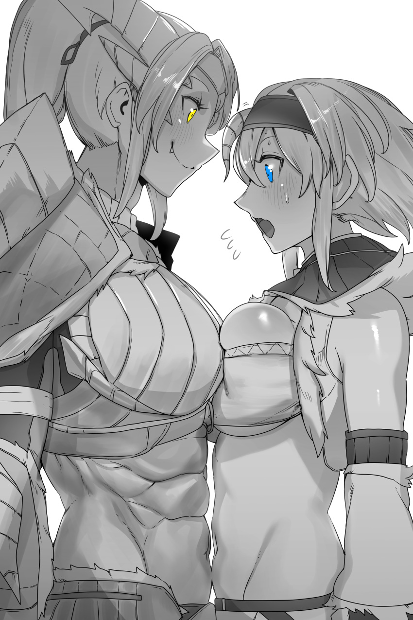 2girls abs absurdres armor arms_at_sides asymmetrical_docking blue_eyes blush breast_press breastplate breasts closed_mouth detached_sleeves face-to-face fake_horns fang fang_out flying_sweatdrops from_side greyscale headband height_difference high_ponytail highres horns huge_breasts kirin_(armor) large_breasts long_hair looking_at_another looking_at_breasts medium_hair midriff monochrome monster_hunter_(character) monster_hunter_(series) multiple_girls muscular muscular_female navel niwarhythm open_mouth shoulder_armor sidelocks simple_background skindentation smile spot_color stomach strapless tube_top under_boob vest white_background yellow_eyes zinogre_(armor)