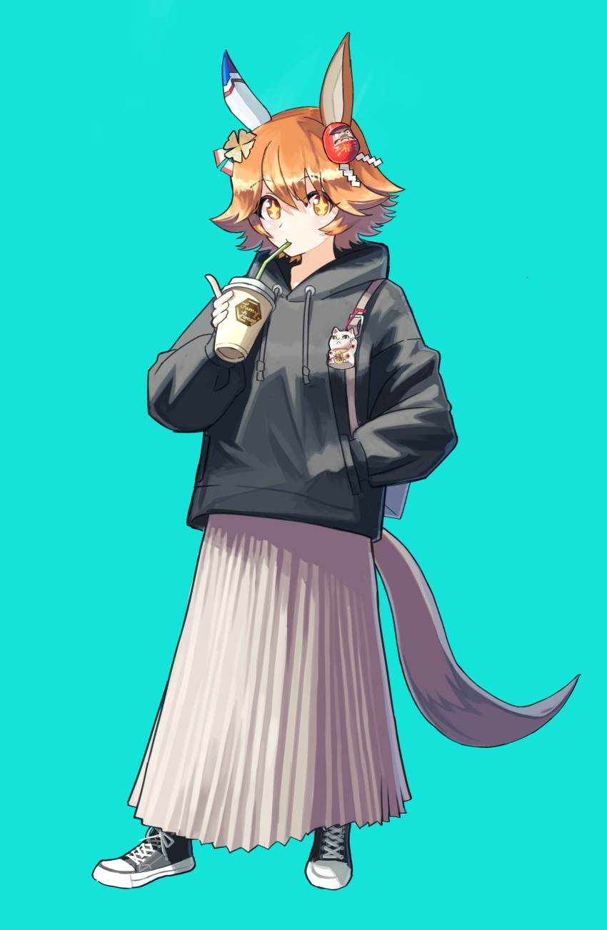 +_+ 1girl absurdres animal_ears blonde_hair blue_background casual commentary_request cup drinking_straw full_body hair_between_eyes hair_ornament highres horse_ears horse_girl horse_tail jacket matikanefukukitaru_(umamusume) orange_eyes shoes simple_background solo tail tokiwa_png umamusume