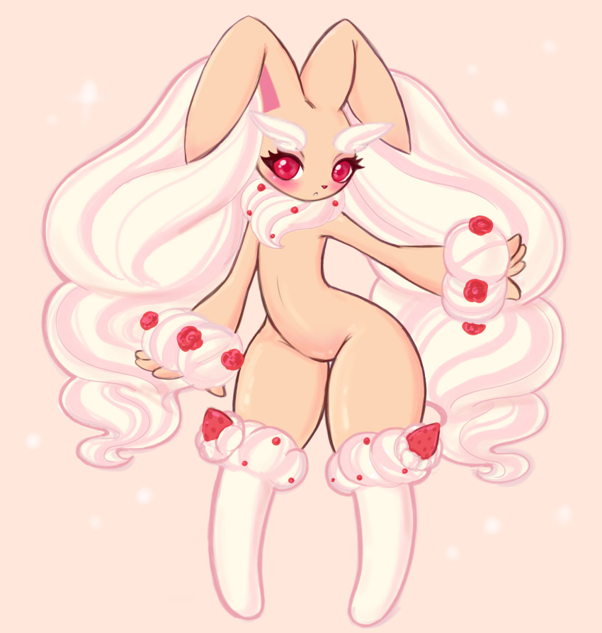 1girl animal_ears animal_nose berry_(berrycreme) blush body_fur brown_fur commentary cream english_commentary flat_chest food fruit full_body furry furry_female highres looking_at_viewer lopunny outstretched_arm parted_lips pink_background pokemon pokemon_(creature) rabbit_ears rabbit_girl red_eyes simple_background solo standing strawberry two-tone_fur white_fur wide_hips
