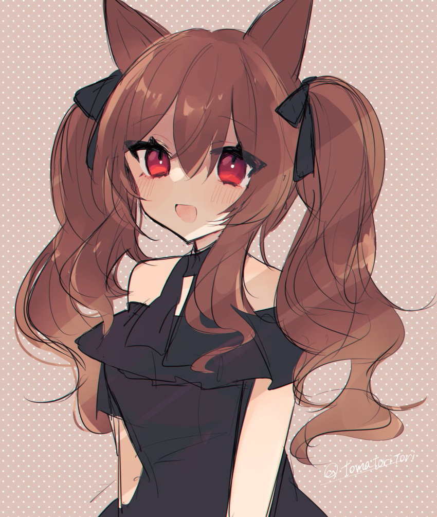 1girl angelina_(arknights) animal_ears arknights bangs bare_shoulders black_dress blush brown_hair dress eyebrows_visible_through_hair fox_ears fox_girl highres long_hair off-shoulder_dress off_shoulder official_alternate_costume open_mouth red_eyes solo tomatoritori twintails