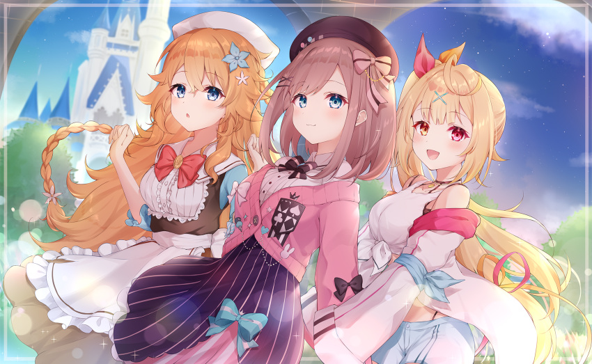 3girls :3 apron blonde_hair blue_eyes bow bowtie braid brown_hair cardigan castle collared_shirt commission crop_top dress flower hair_flower hair_ornament hat heterochromia highleg highres hoshikawa_sara long_hair multiple_girls nijisanji off_shoulder open_mouth orange_hair otogibara_era red_eyes shirt short_hair shorts side_ponytail smile suzuhara_lulu upper_body virtual_youtuber x_hair_ornament yellow_eyes zky_(oekaky)