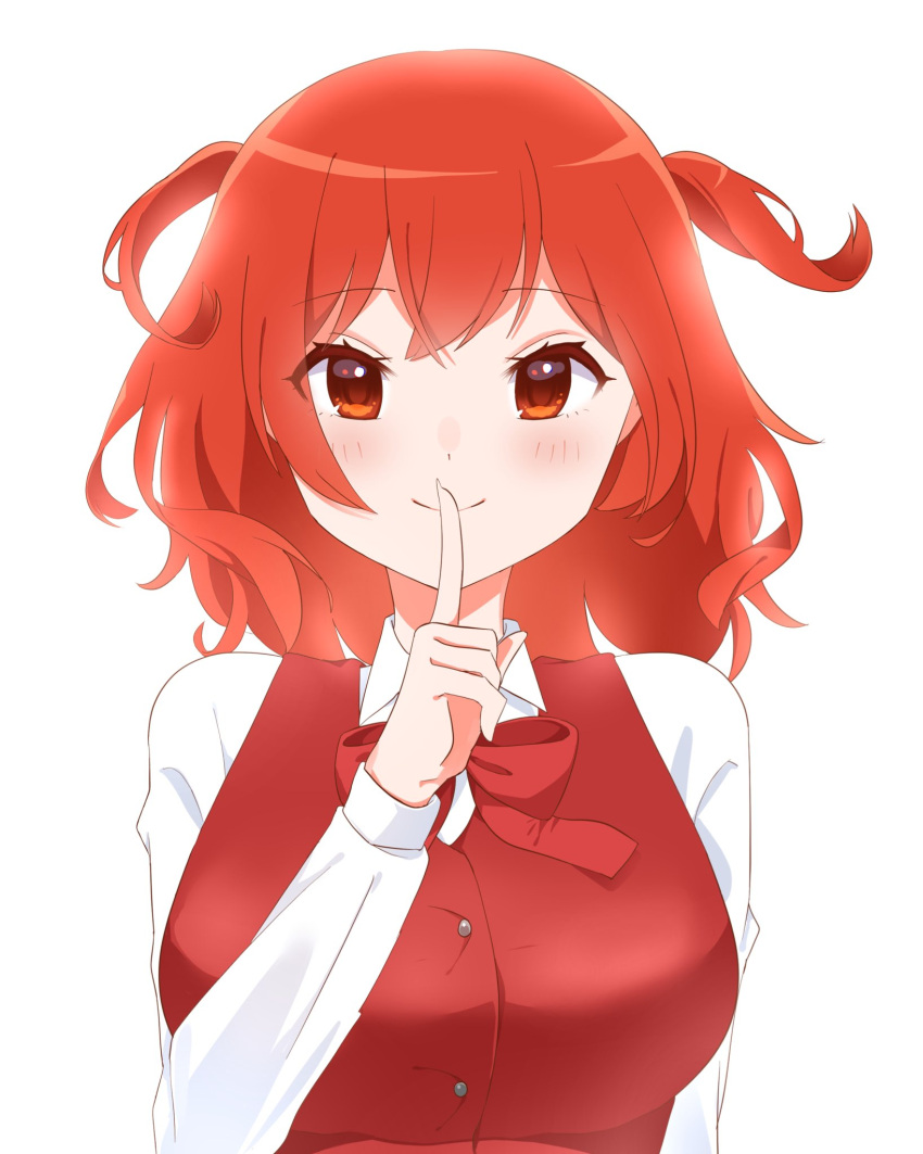 1girl bangs breasts buttons collared_shirt finger_in_own_mouth highres long_sleeves looking_at_viewer medium_breasts medium_hair messy_hair milll_77 okazaki_yumemi red_eyes red_ribbon red_vest redhead ribbon shirt simple_background touhou touhou_(pc-98) upper_body vest white_background white_shirt