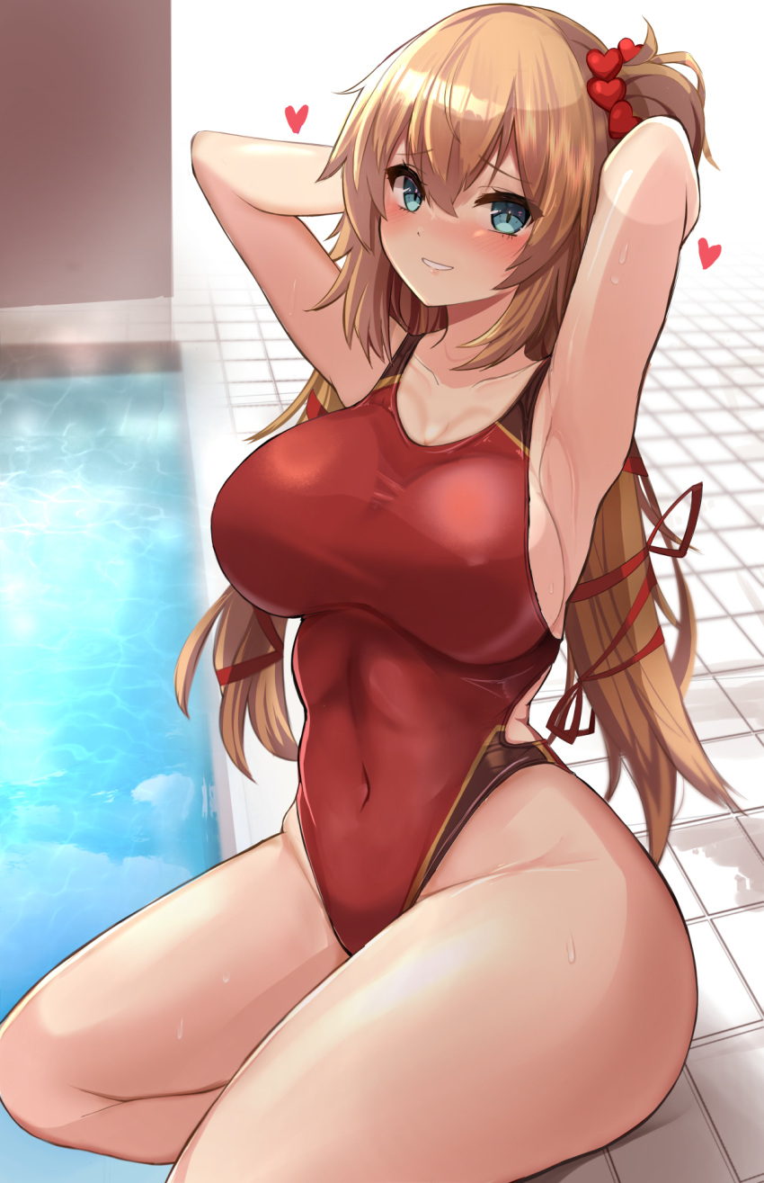 1girl akai_haato armpits arms_behind_head blonde_hair blue_eyes breasts competition_swimsuit covered_navel eyebrows_visible_through_hair hair_between_eyes hair_ornament hair_ribbon heart heart_hair_ornament highres hololive kihou_no_gotoku_dmc large_breasts long_hair looking_at_viewer one-piece_swimsuit pool red_ribbon red_swimsuit ribbon sitting solo swimsuit thighs virtual_youtuber water wet