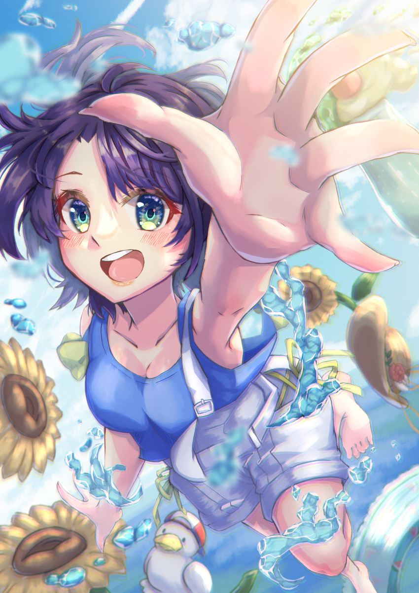 1girl absurdres bangs barefoot bird black_hair blue_eyes blue_shirt blush breasts clouds eyebrows_visible_through_hair flower hand_up hat highres hololive looking_at_viewer mihaeru oozora_subaru open_mouth overalls shirt short_hair sky smile standing standing_on_one_leg straw_hat striped sunflower sunlight virtual_youtuber