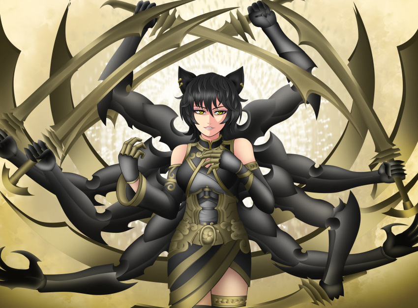 1girl animal_ears armor black_hair breasts cat_ears extra_arms highres holding imagining kali kali_belladonna lobbyrinth long_hair looking_at_viewer mechanical_arms multiple_swords rwby smile smirk solo sword weapon yellow_eyes
