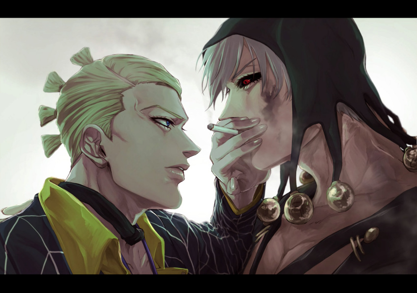 2boys black_sclera blonde_hair blue_eyes cigarette colored_sclera covering_another's_mouth grey_hair hat hat_bobbles highres hospital_0434 jojo_no_kimyou_na_bouken male_focus multiple_boys prosciutto red_eyes risotto_nero smoking vento_aureo