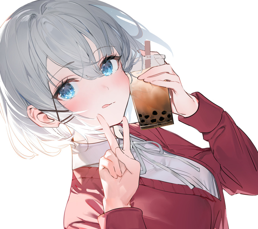 1girl absurdres bangs blue_eyes blush bubble_tea collared_shirt cup disposable_cup drinking_straw dutch_angle grey_hair hair_ornament highres holding holding_cup long_sleeves looking_at_viewer neck_ribbon official_art red_sweater ribbon second-party_source shirt short_hair sidelocks siesta_(tantei_wa_mou_shindeiru) solo sweater tantei_wa_mou_shindeiru tongue umibouzu_(niito) upper_body v white_shirt x_hair_ornament