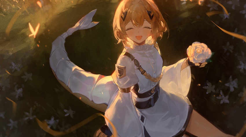1girl aiguillette alchemy_stars aona_(ns) bangs belt black_gloves blonde_hair closed_eyes facing_viewer fingerless_gloves flower gloves hair_ornament holding holding_flower jacket long_sleeves open_mouth short_hair sitting smile solo symbol-only_commentary tail vice_(alchemy_stars) white_jacket