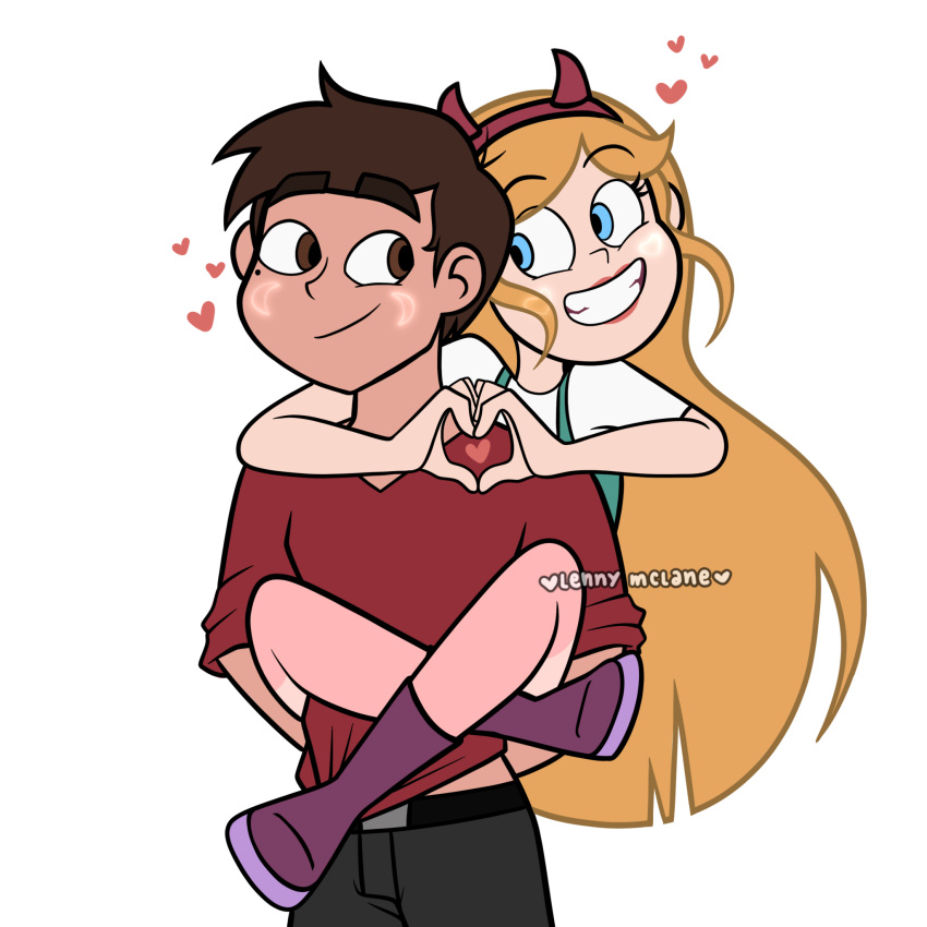 1boy 1girl blonde_hair blue_eyes brown_eyes brown_hair carrying_person female horns male marco_diaz star_butterfly star_vs_the_forces_of_evil