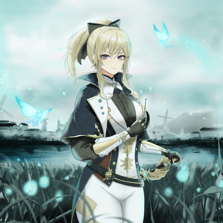 1girl absurdres argyle black_gloves blue_eyes bow bug butterfly capelet closed_mouth clouds cloudy_sky eyebrows_visible_through_hair frills genshin_impact gloves glowing gold_trim grass hair_between_eyes hair_bow highres holding jean_(genshin_impact) kcar66t long_bangs looking_at_viewer outdoors ponytail short_sleeves sky smile solo standing town white_legwear windmill