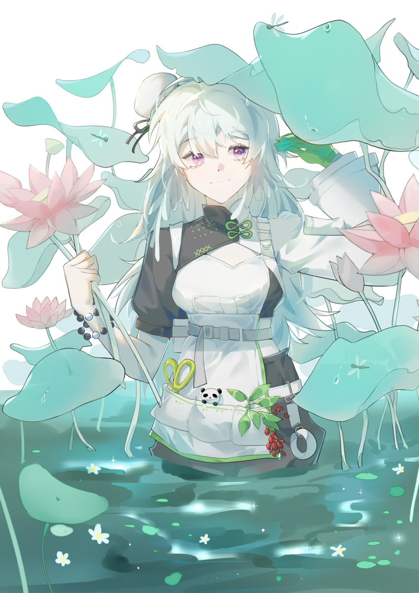 1girl absurdres arknights asymmetrical_clothes bangs belt bracelet breasts bug bun_cover closed_mouth dragonfly eyebrows_visible_through_hair flower gloves green_gloves hebulili highres jewelry long_hair long_sleeves looking_at_viewer medium_breasts mulberry_(arknights) mulberry_(plant_crude_drug)_(arknights) official_alternate_costume pink_flower plant scissors short_sleeves silver_hair simple_background single_glove smile solo stuffed_animal stuffed_panda stuffed_toy very_long_hair violet_eyes wading water white_background