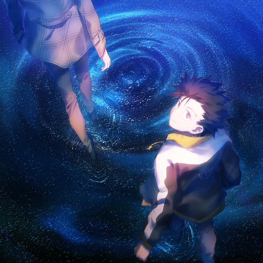 2boys black_hair brown_eyes formal from_above ging_freecss highres hunter_x_hunter jacket long_sleeves looking_at_viewer looking_up luclu03 male_focus multiple_boys pariston_hill reflection reflective_water sky smile solo_focus star_(sky) starry_sky suit