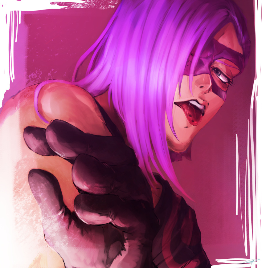 1boy blue_eyes close-up domino_mask gloves highres hospital_0434 jojo_no_kimyou_na_bouken long_hair male_focus mask melone purple_hair single_bare_shoulder solo tongue tongue_out vento_aureo