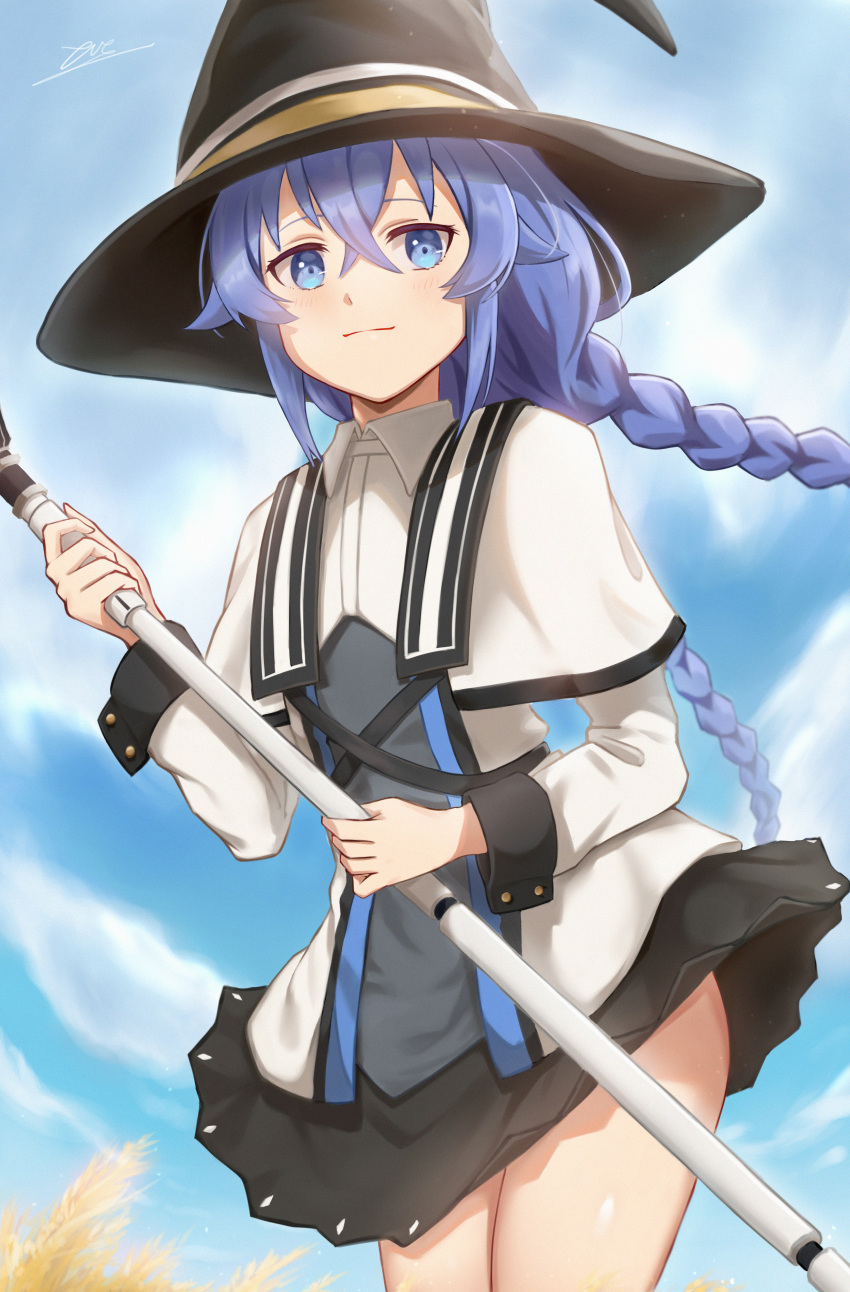 1girl absurdres bangs black_headwear black_skirt blue_eyes blue_hair blue_sky braid capelet closed_mouth cowboy_shot day floating_hair hair_between_eyes hat highres holding holding_staff long_hair long_sleeves looking_at_viewer miniskirt mushoku_tensei outdoors roxy_migurdia skirt sky smile solo staff toxic_(pixiv54732505) twin_braids twintails very_long_hair white_capelet witch_hat