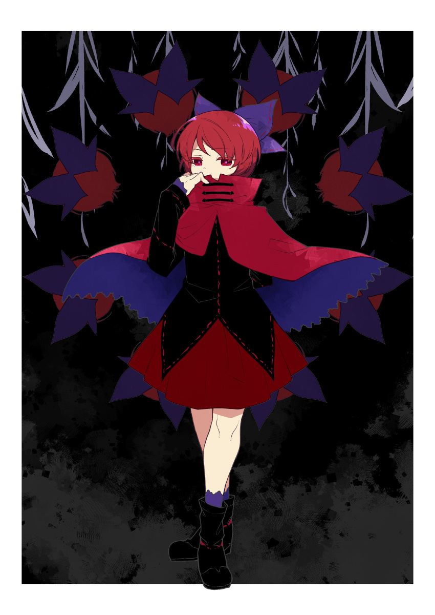 1girl absurdres ayamakinyan_(xianjian) bangs black_footwear black_shirt blue_bow blue_cape blue_legwear border bow cape commentary_request disembodied_head floating_head full_body hair_bow hand_up highres long_sleeves red_cape red_eyes red_skirt redhead sekibanki shirt shoes short_hair skirt socks solo touhou two-sided_cape two-sided_fabric white_border