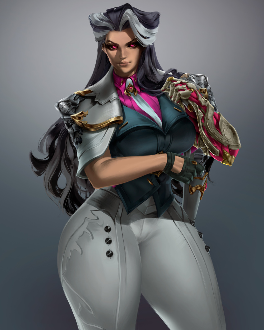 1girl absurdres black_sclera breasts closed_mouth collared_shirt colored_sclera curvy gun highres large_breasts league_of_legends long_hair looking_at_viewer mechanical_arms multicolored_hair necktie nyahabi2112 pink_eyes pink_shirt renata_(league_of_legends) shirt simple_background single_mechanical_arm solo solo_focus two-tone_hair weapon