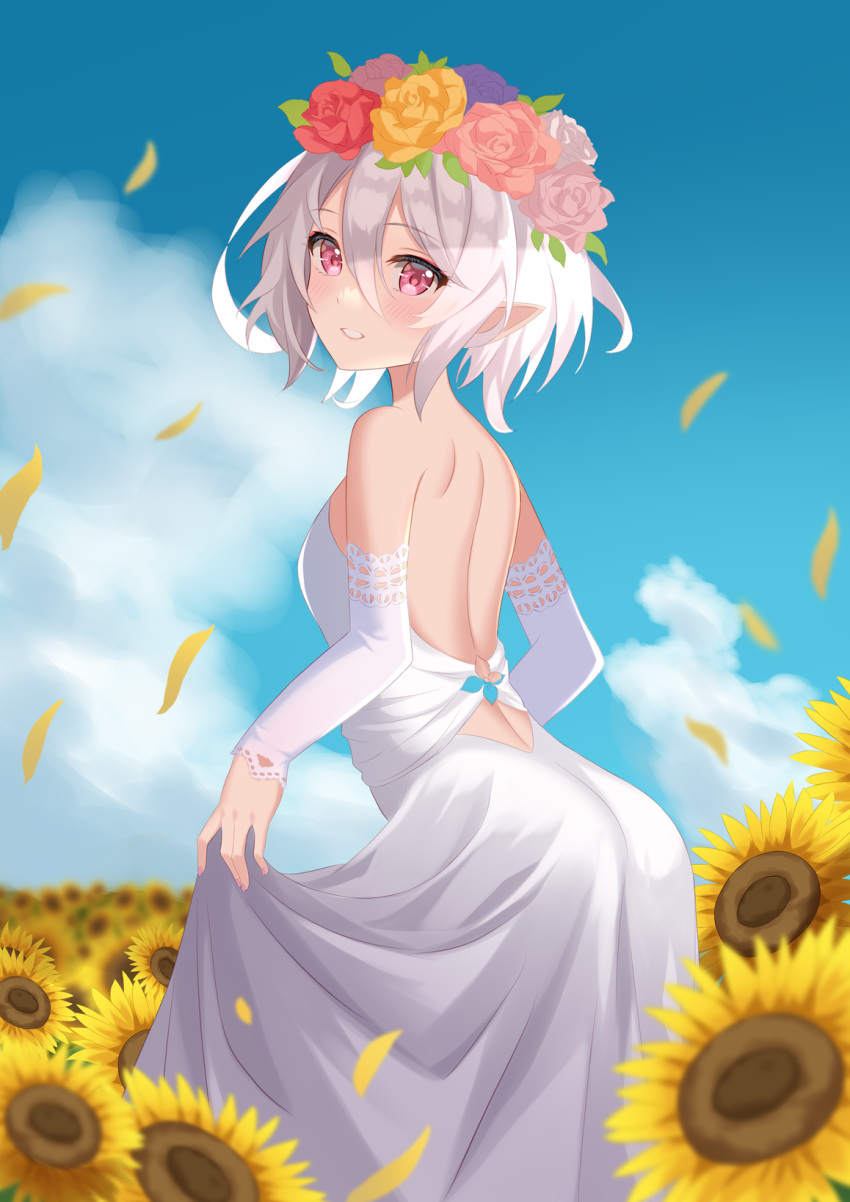 1girl backless_dress backless_outfit bangs blue_sky blush clouds detached_sleeves dress eyebrows_visible_through_hair field flower flower_field from_side grin hair_between_eyes hair_flower hair_ornament head_wreath highres kokkoro_(princess_connect!) leaning_forward long_sleeves looking_at_viewer medium_hair outdoors petals pointy_ears princess_connect! red_eyes red_flower red_rose rose shoulder_blades silver_hair skirt_hold sky sleeveless sleeveless_dress smile solo standing sunflower the_des_alizes white_dress white_flower white_rose white_sleeves yellow_flower yellow_rose
