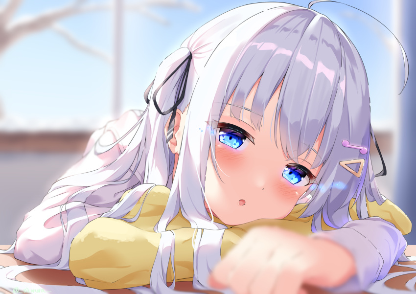 1girl :o ahoge bangs black_ribbon blue_eyes blurry blurry_background blurry_foreground blush commentary_request crossed_bangs desk eyebrows_visible_through_hair face hair_ornament hair_ribbon hair_spread_out half-closed_eyes head_on_table head_tilt highres lipgloss long_hair long_sleeves looking_at_viewer musical_note_hair_ornament open_mouth original ribbon shirt sidelocks sironora solo triangle_hair_ornament two_side_up upper_body white_hair white_shirt wrinkled_fabric