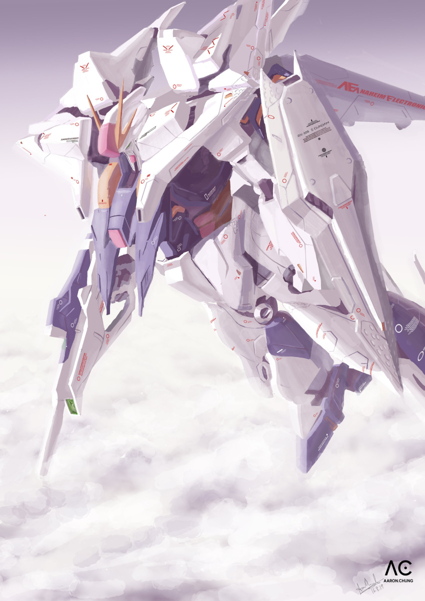 absurdres beam_rifle clouds energy_gun flying from_side gun gundam gundam_hathaway's_flash highres holding holding_gun holding_weapon looking_down mecha mobile_suit molai no_humans science_fiction shield solo v-fin weapon xi_gundam