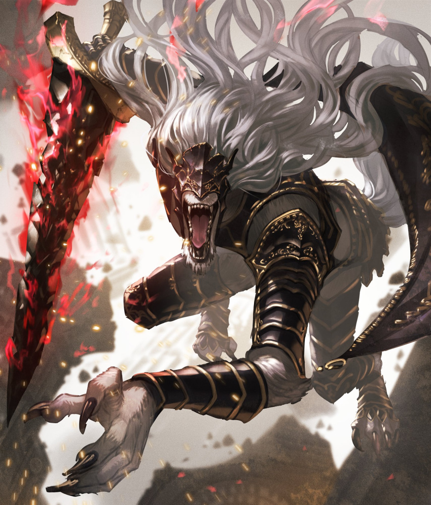 1boy armor claws elden_ring facing_viewer furry furry_male grey_hair helmet highres holding holding_sword holding_weapon long_hair makai_no_juumin male_focus maliketh_the_black_blade monster open_mouth solo sword teeth tongue weapon