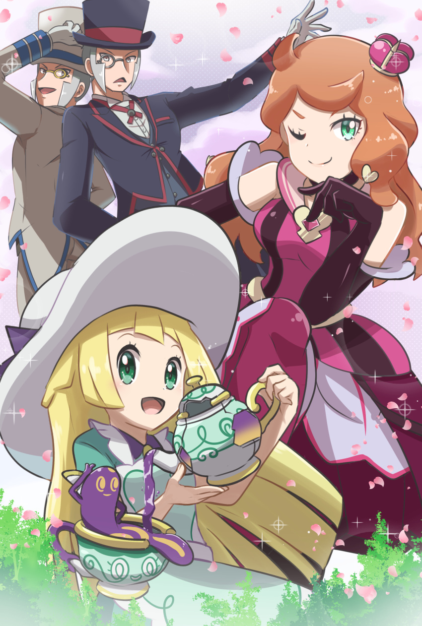 2boys 2girls ;) black_headwear black_jacket blonde_hair buttons closed_mouth collared_shirt commentary_request crown dress elbow_gloves emmet_(pokemon) eyelashes gloves green_dress green_eyes grey_vest hat highres holding holding_pokemon ingo_(pokemon) jacket lillie_(pokemon) long_hair long_sleeves mini_crown multiple_boys multiple_girls neck_ribbon official_alternate_costume one_eye_closed orange_hair pokemon pokemon_(creature) pokemon_(game) pokemon_masters_ex polteageist red_ribbon ribbon saon101 shirt short_sleeves sinistea smile sonia_(pokemon) top_hat vest white_gloves white_headwear white_shirt
